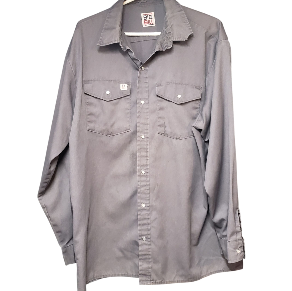 Big Bill Grey Pearl Snap Work Shirt Distressed Grunge Streetwear